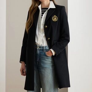 Lauren Ralph Lauren Classic Crest Patch Wool Blend Navy Winter Coat NWOT